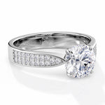 Sophia - side view showing the tapered band. round lab created diamond engagement ring with pave set diamonds on the band 